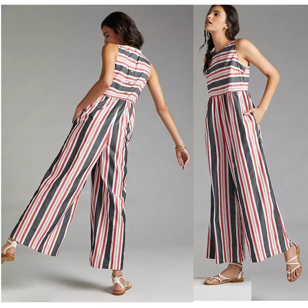 Anthropologie Maeve Striped Wide-Leg Jumpsuit Wideleg Red White Grey Stripes